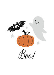 Boo vector quote. Happy Halloween card. Cute ghost, pumpkin and bat on white background.