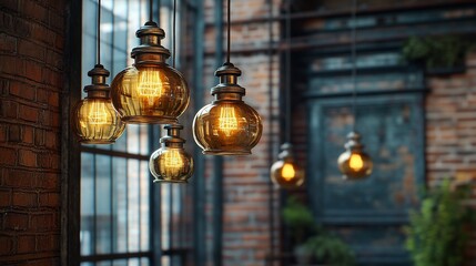 Obraz premium Hanging lights in loft, window view, decor for industrial or vintage design use