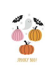Spooky boo vector quote. Happy Halloween card. Cute bats, pumpkins and ghost on white background.