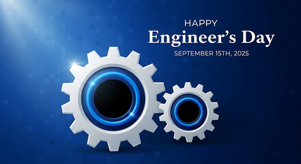 Happy engineers day with interlocking gears and blue light rays