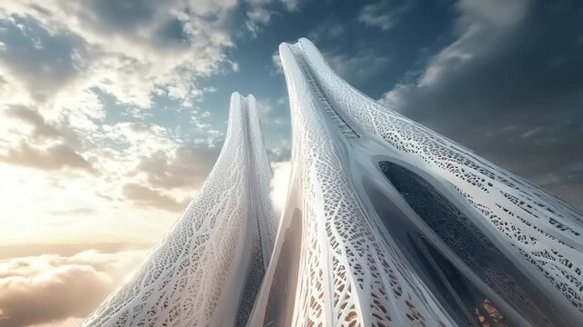 Futuristic Skycrapers with Intricate Lattice Design Reaching Towards the Heavens