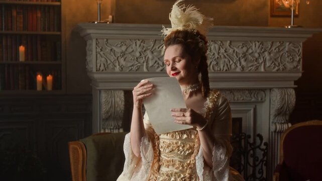 Medium shot of emotional, exalted elegant middle-aged Caucasian noble lady in fashionable silk historical dress, with coiffured hair reading love letter from betrothed in castle and holding to heart