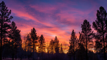 Obraz premium Breathtaking sunset over forest, showcasing vibrant colors of orange, pink, and purple in sky. Silhouetted pine trees create serene atmosphere, perfect for nature lovers