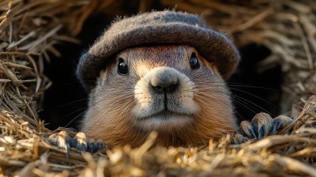 A ground squirrel peeks out of its burrow, wearing a tiny hat