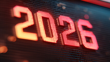 Digital display showing year 2026 in bright red LED lights, creating modern and futuristic atmosphere. glowing numbers stand out against dark background, evoking anticipation