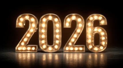 Bright and illuminated numbers 2026 stand out against dark background, creating festive and celebratory atmosphere. glowing lights add sense of excitement and anticipation for upcoming year