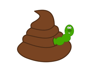 Big fresh brown turd with smiling worm on white background - vector