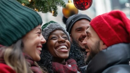 A group of people gathered around a decorated Christmas tree