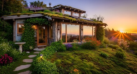 Obraz premium Sunset Eco House with Hillside Garden.