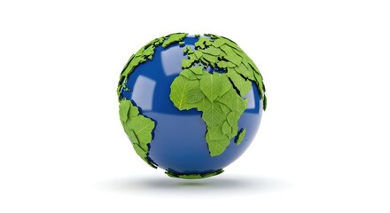 Globe crafted with leaves on surface vibrant blue and green represents planet earth isolated on bright white background demonstrating nature eco friendly concept
