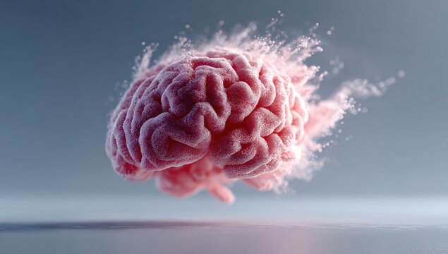 Pink brain, surrounded by exploding light pink particles, on a neutral background