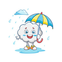 Cartoon cloud character with umbrella in rain vector illustration