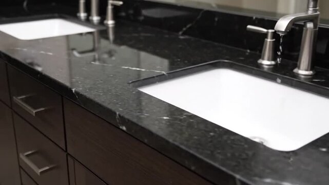 Modern Black Granite Vanity Countertop with White Sink and Sleek Chrome Faucets