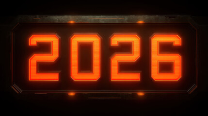 Digital display showing year 2026 in bright orange numbers against dark background, conveying futuristic and technological feel