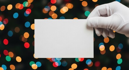 white gloved hand holding blank card against festive bokeh lights