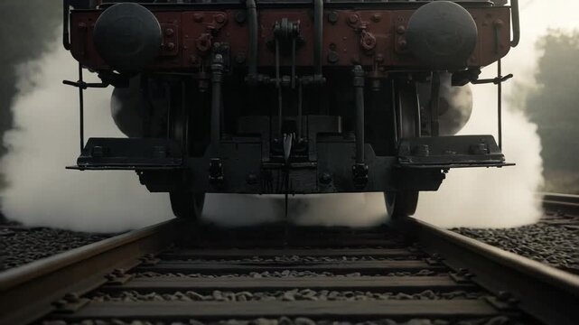 Vintage steam train chugging along foggy tracks