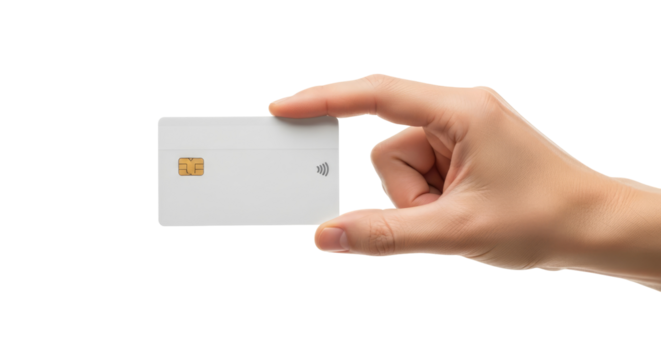 secure contactless payment a hand presents a modern white credit card, symbolizing financial freedom and secure transactions, isolated on transparent background