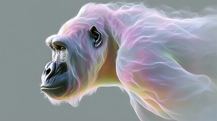 Colorful, glowing gorilla with a white face. The image is a work of art, with a sense of movement and energy