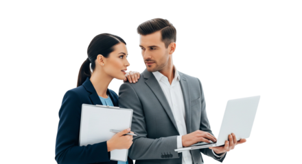 Business Team Collaboration: Confident Professionals Working with Laptop and Clipboard