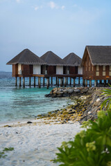 Elegant bungalows on stilts rise above the clear azure waters, creating a unique landscape at the edge of the ocean. The sandy shore with rocks and greenery in the foreground.