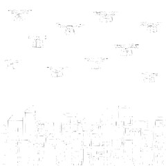 A cityscape under surveillance with multiple drones flying above the buildings in a monochrome illustration