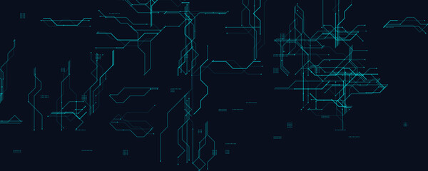 Futuristic Digital Circuit Blueprint. Abstract Technology Grid with Glowing Blue Lines on Dark Background. Perfect for AI Systems, High-Tech Interfaces, and Cyber Data Design. Vector Illustration