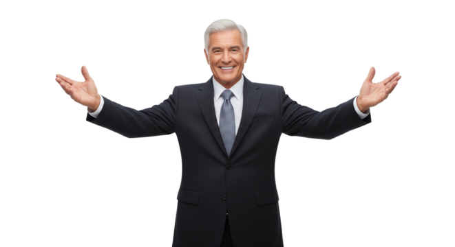 Smiling Older Professional in Suit – Welcoming Gesture on White Background
