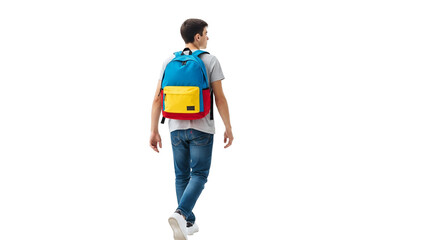 Person Wearing Colorful Backpack – Casual Fashion and Travel Style on White Background