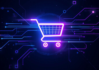 Cyber Monday sale concept with a shopping cart, glowing neon lights, digital elements, and modern futuristic style. Perfect for online shopping promotions, advertising banners, e-commerce discounts