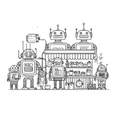 Illustration of a robot family standing near a robot operated fruit stand outline in black and white style