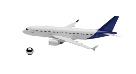 A sleek, transparent wide-body passenger jet with deep blue accents, highly polished, beside a chrome sphere on a seamless transparent studio background, concept of high-end aerospace technology