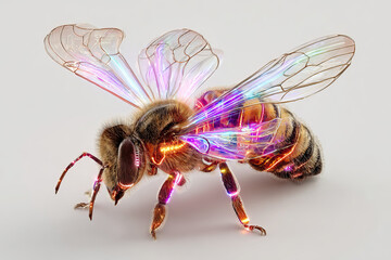 Honeybee Floating Magically with Neon Glowing Wings and Spa Elements on Transparent Background
