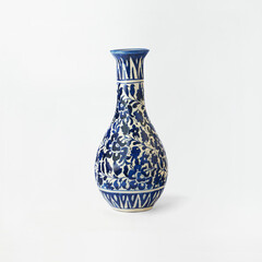 Elegant blue and white ceramic vase isolated on white background, handcrafted