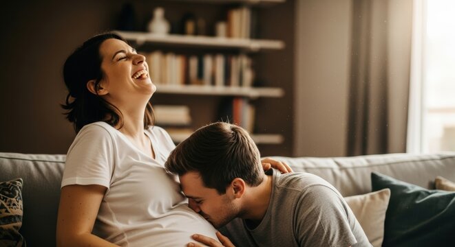 pregnant woman laughing with partner kissing her baby bump