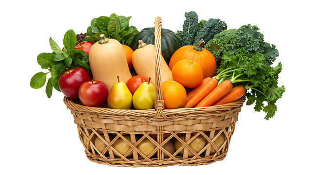 Abundant woven basket overflowing with fresh colorful healthy autumn harvest vegetables and fruits against a black background