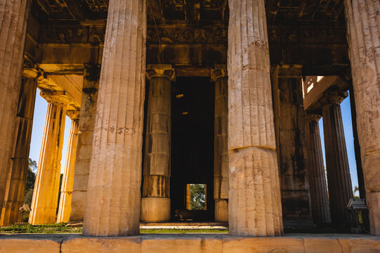 Interior view of Temple of Hephaestus Doric columns in Athens Agora, Greece.