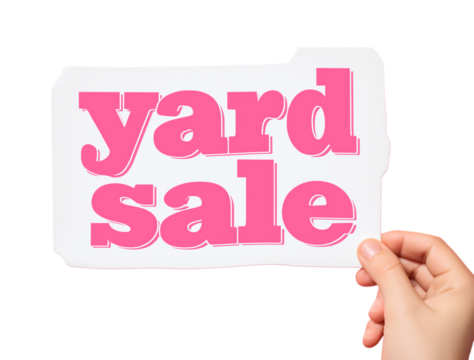 Hand holds up a white paper sign with the words "Yard Sale" in bold pink lettering,  perfect for announcing sales events and promoting discounts isolated on a transparent background