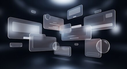 Futuristic interface screens floating in abstract dark background concept illustration
