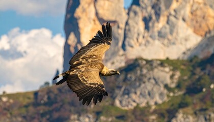Obraz premium buitre leonado (Gyps fulvus) en primer plano, sobrevolando un acantilado. El ave aparece con gran nivel de detalle, mostrando las alas extendidas, plumas bien definidas y su cabeza calva