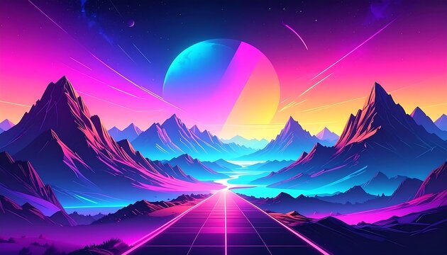 Colorful, futuristic landscape with road