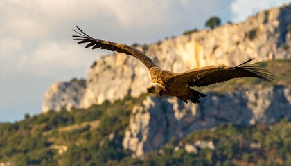 Fototapeta premium buitre leonado (Gyps fulvus) en primer plano, sobrevolando un acantilado. El ave aparece con gran nivel de detalle, mostrando las alas extendidas, plumas bien definidas y su cabeza calva