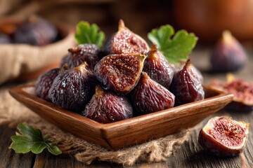 Dried figs in wooden bowl, rustic setting