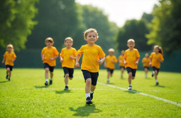 Fototapeta premium group of children running and training on the field, physical education lesson at school