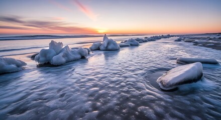 Frozen Ocean Sunset Coastline.