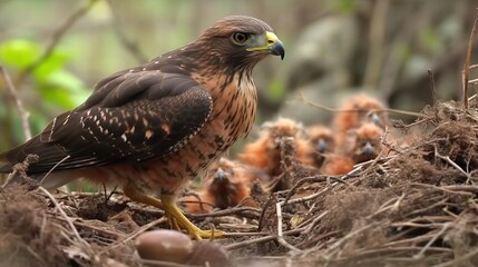 Raptor with chicks in nest