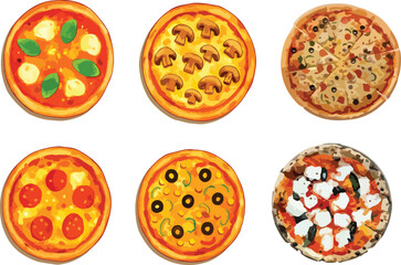 Vector Illustration of Whole Pizza Set with Various Toppings