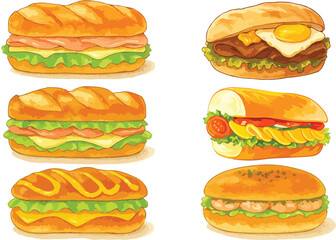 Vector Illustration of Sandwiches and Burgers Set