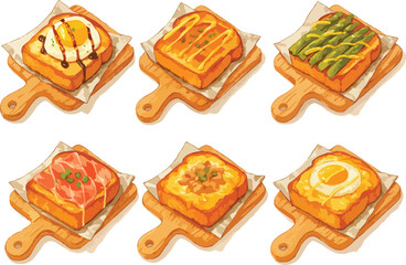 Vector Illustration of Toast Bread with Various Toppings on Wooden Board Set