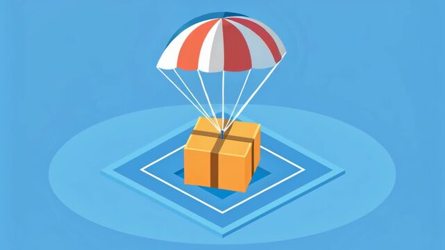 Parachute package delivery shipping logistics air transportation blue background concept with fast service, safe landing, innovative supply solutions