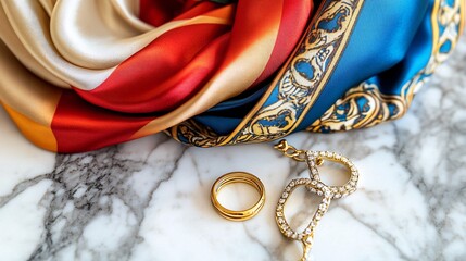 Silk scarf gold ring and scissors on a marble surface.